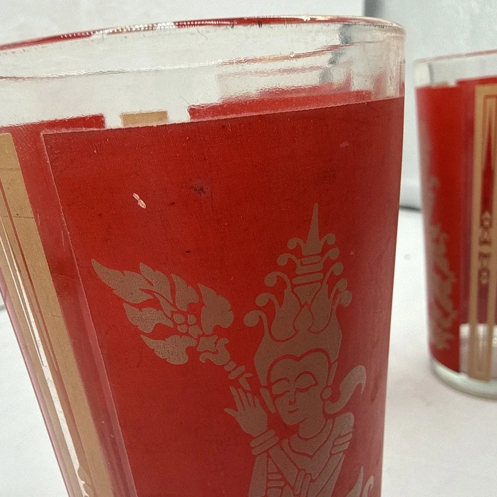 Vntg 1960's Culvers Red & Gold Siam Thai Goddess 4 High Ball Glasses‎ 6.25